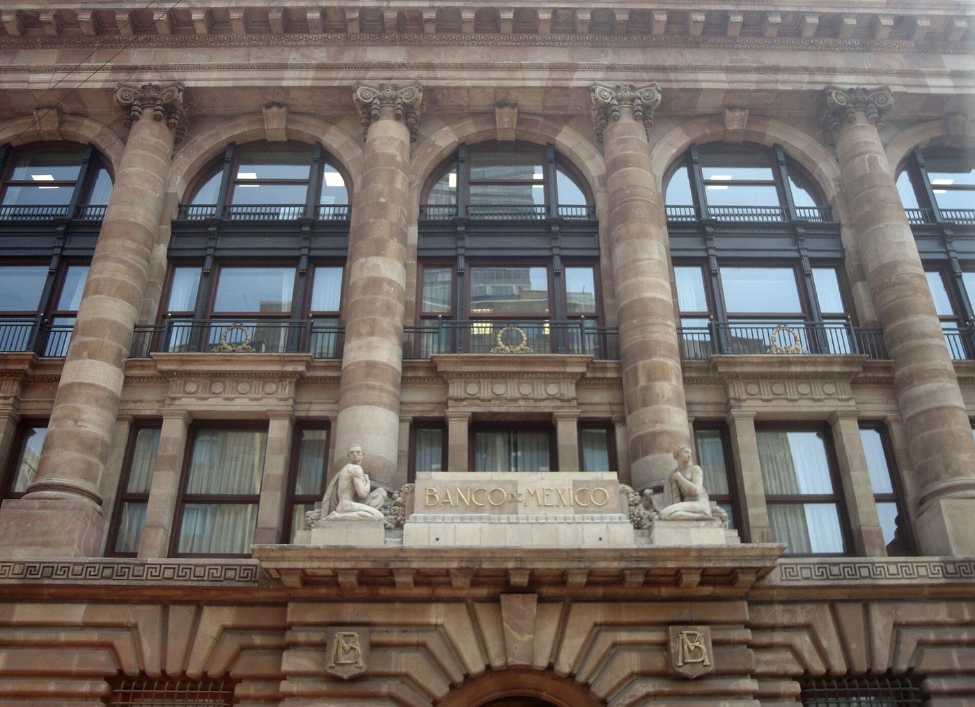 The stone façade of the Banco de México building in the historic centre of Mexico City